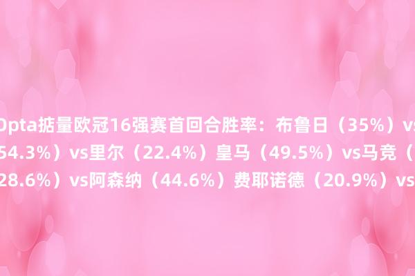 Opta掂量欧冠16强赛首回合胜率：布鲁日（35%）vs维拉（38.6%）多特（54.3%）vs里尔（22.4%）皇马（49.5%）vs马竞（25.2%）埃因霍温（28.6%）vs阿森纳（44.6%）费耶诺德（20.9%）vs国米（56.1%）拜仁（51.3%）vs勒沃库森（24.9%）本菲卡（28.2%）vs巴萨（48.6%）巴黎（39.8%）vs利物浦（35.1%）    体育集锦